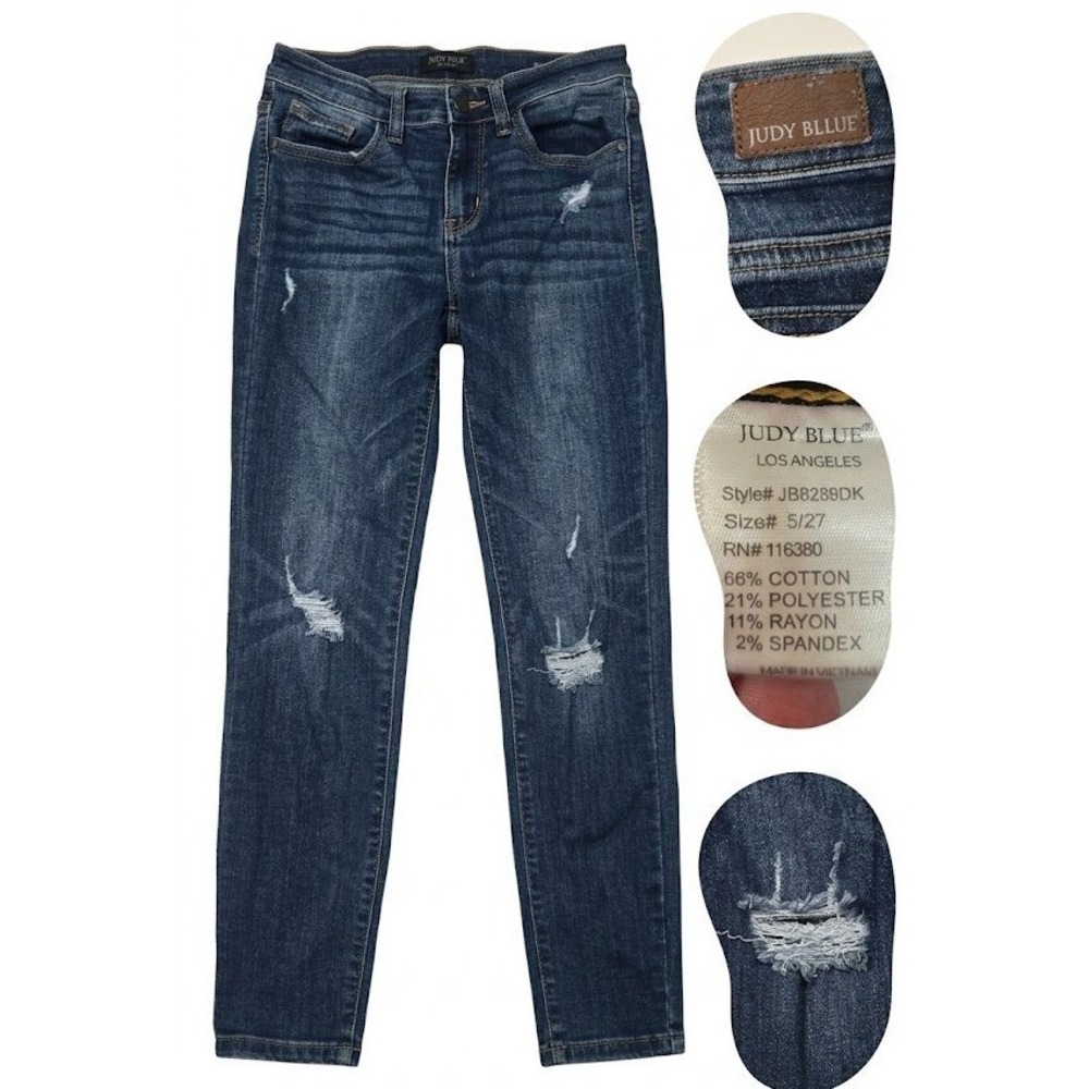 Judy Blue Womens 5 27 Jeans Relaxed Fit Mid Rise Thrash Distressed Stretch Denim